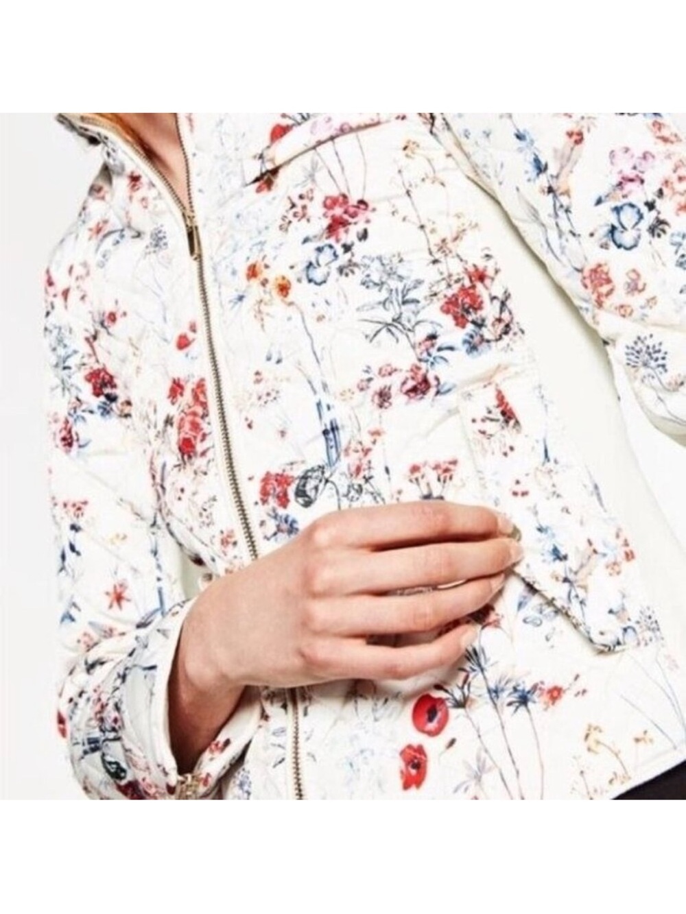 Zara White Floral Quilted Bomber Jacket